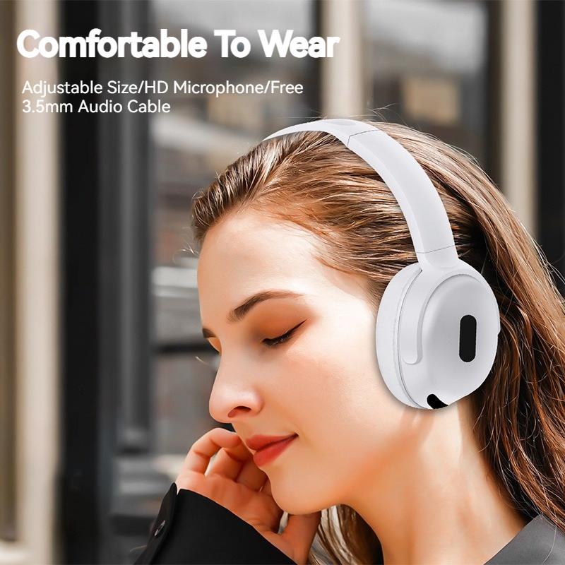 Woman wearing white headphones with text about comfort and features.