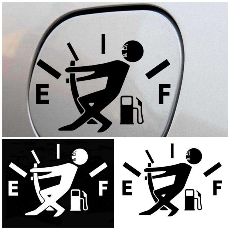 Fuel gauge symbol with stick figure and fuel pump, repeated in black and white.
