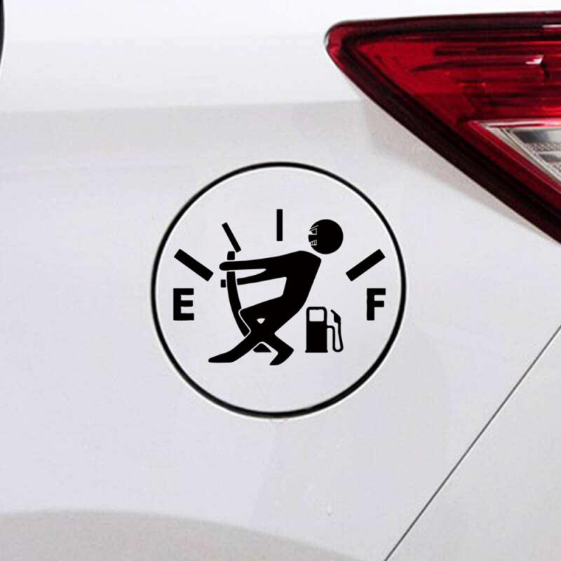 Car decal with a humorous design on a white car.
