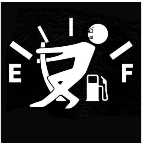 White stick figure with a fuel pump and 'E' and 'F' symbols on a black background