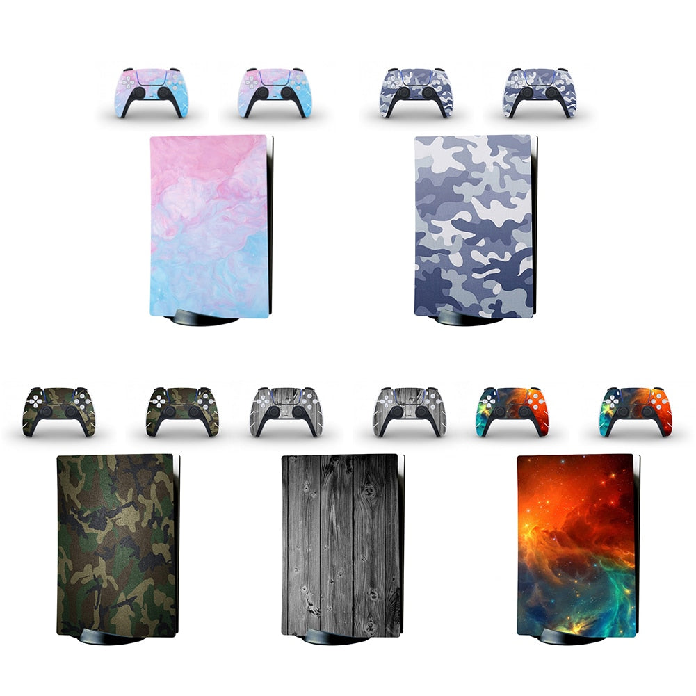Collection of gaming console and controller skins with various designs on a white background