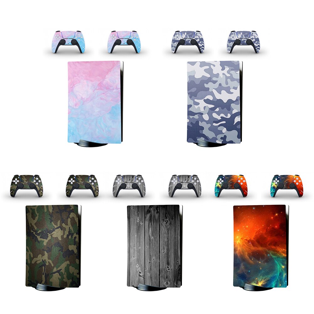Collection of gaming console and controller skins with various designs on a white background
