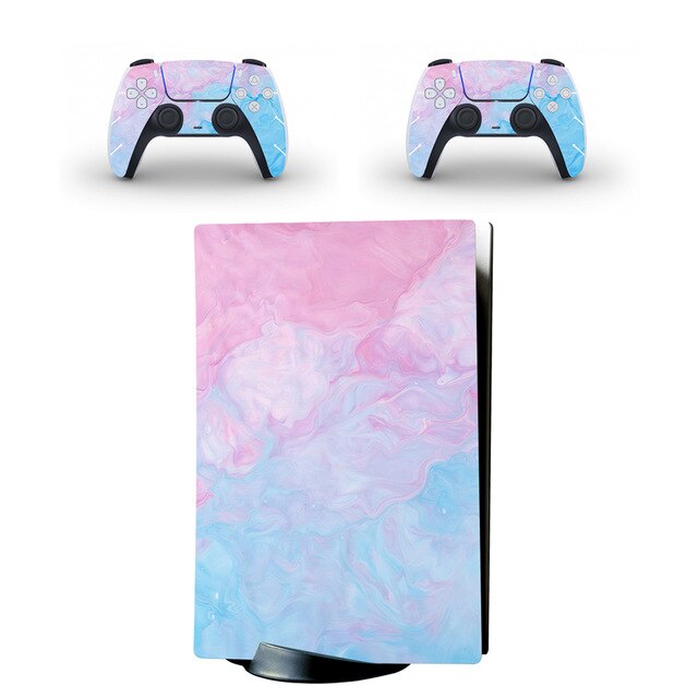 Gaming console and controllers with a pastel cloud design on a white background