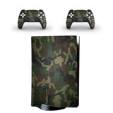 Camouflage-patterned gaming console and controllers on a white background
