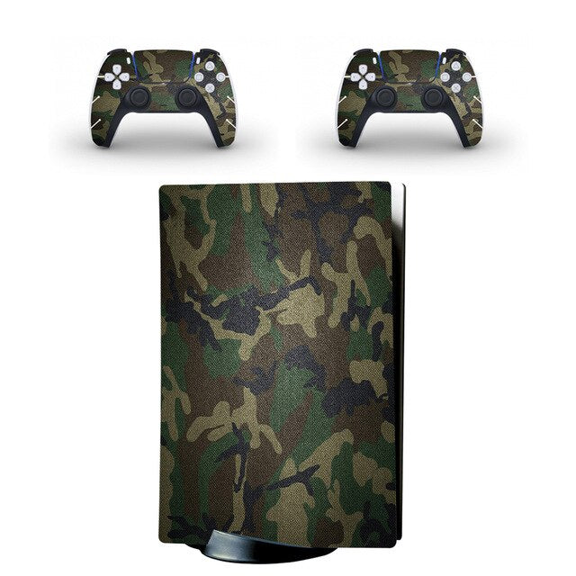Camouflage-patterned gaming console and controllers on a white background