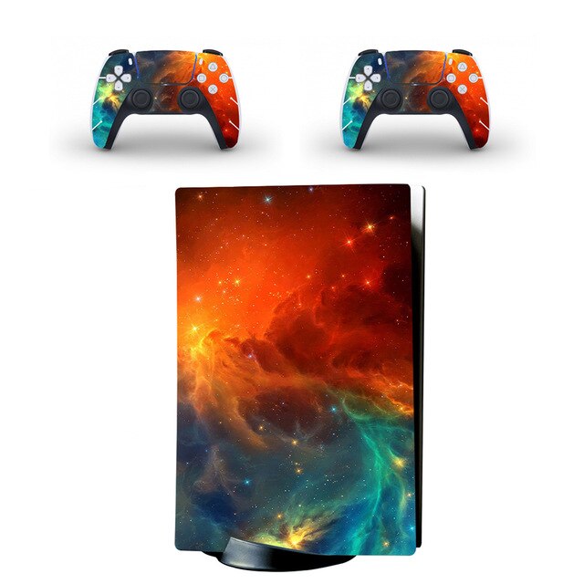 Gaming console and controller skins with a vibrant nebula design on a white background