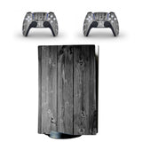 Wooden texture skin design for a gaming console and controllers on a white background