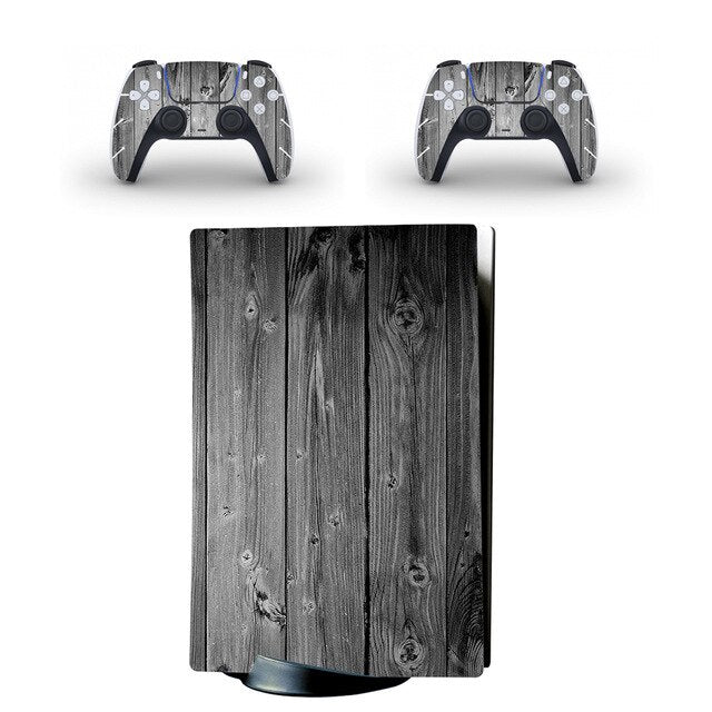 Wooden texture skin design for a gaming console and controllers on a white background