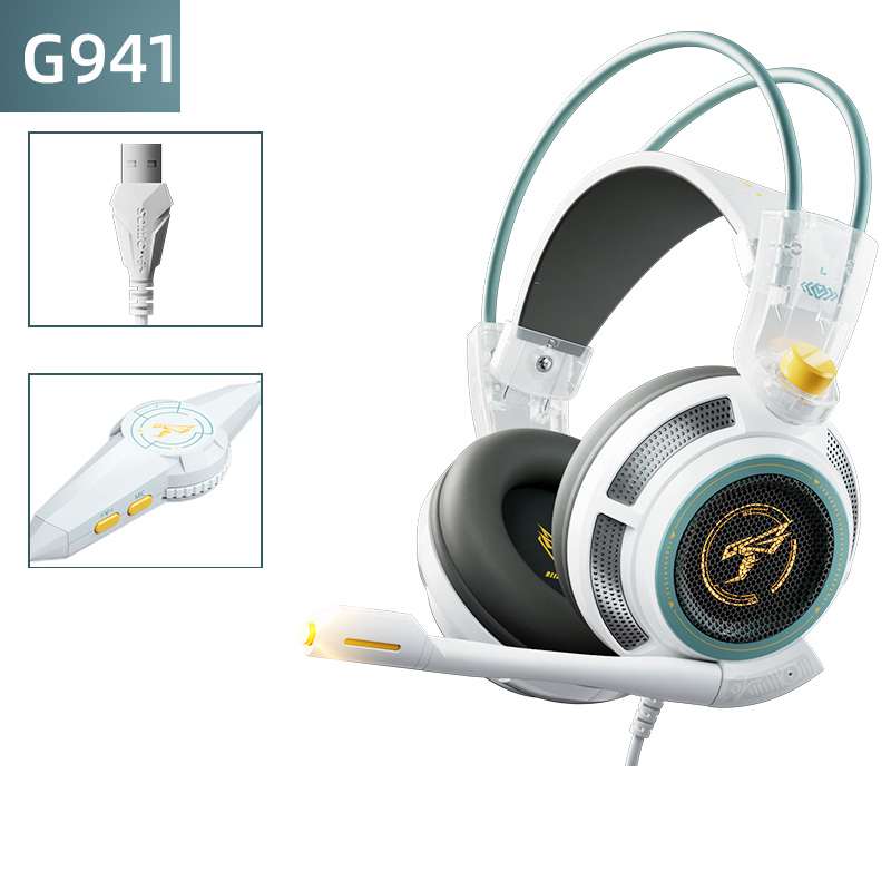 Gaming headset with microphone and USB cable on a white background