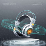 Futuristic headset with glowing elements on a dark background
