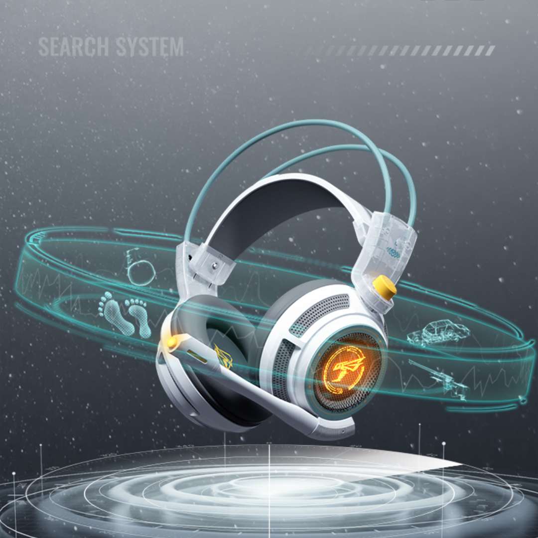 Futuristic headset with glowing elements on a dark background