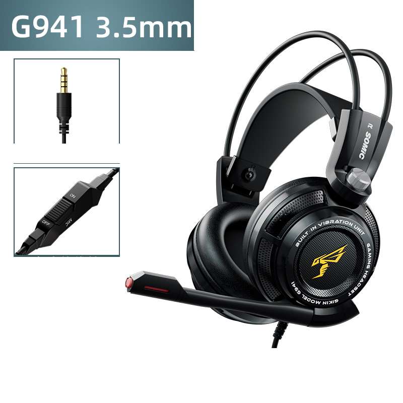 Black gaming headset with microphone and 3.5mm jack on a white background