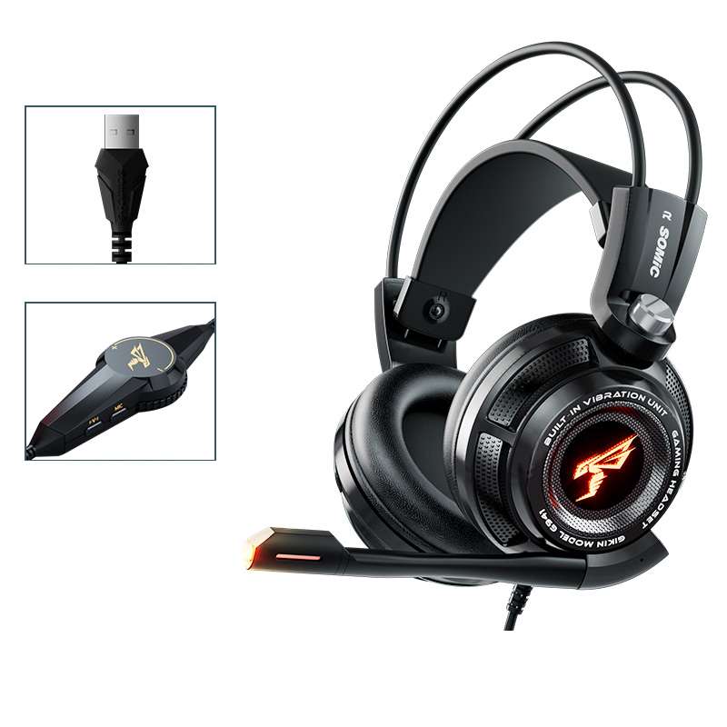 Gaming headset with microphone and USB connector on a white background