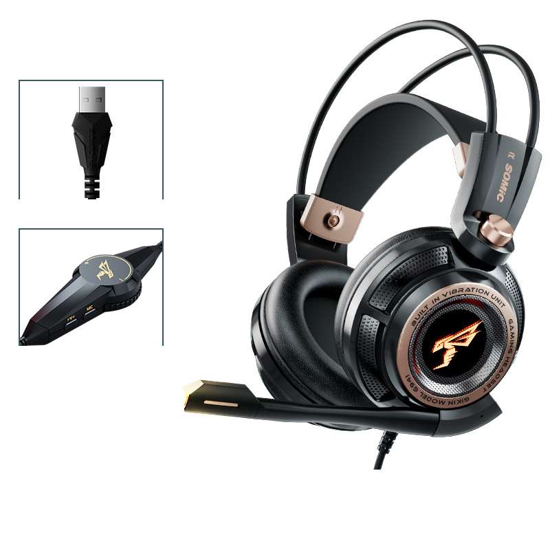 Gaming headset with microphone and USB connector on a white background
