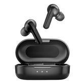 Black wireless earbuds with charging case on a white background