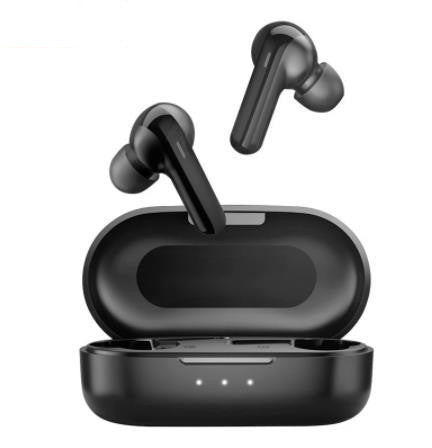 Black wireless earbuds with charging case on a white background