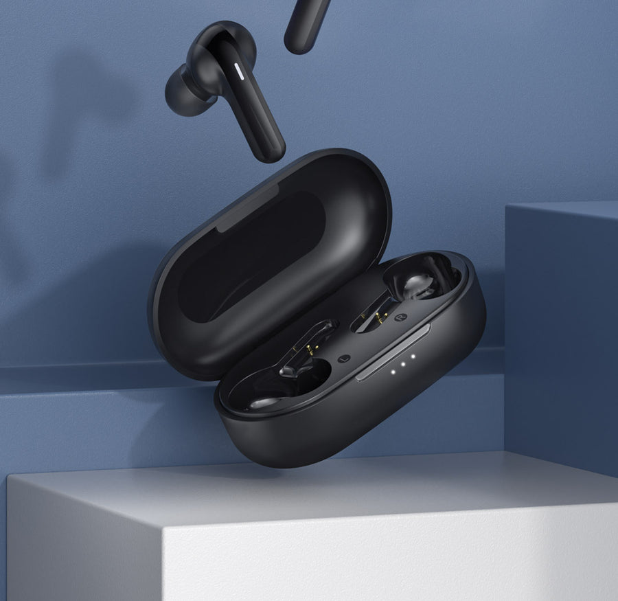 Black wireless earbuds in an open case on a blue background