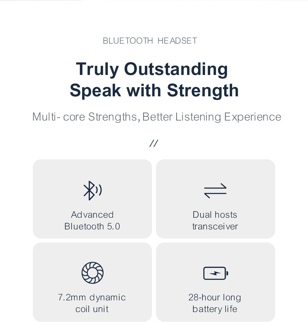 Advertisement for a Bluetooth headset with features listed on a white background