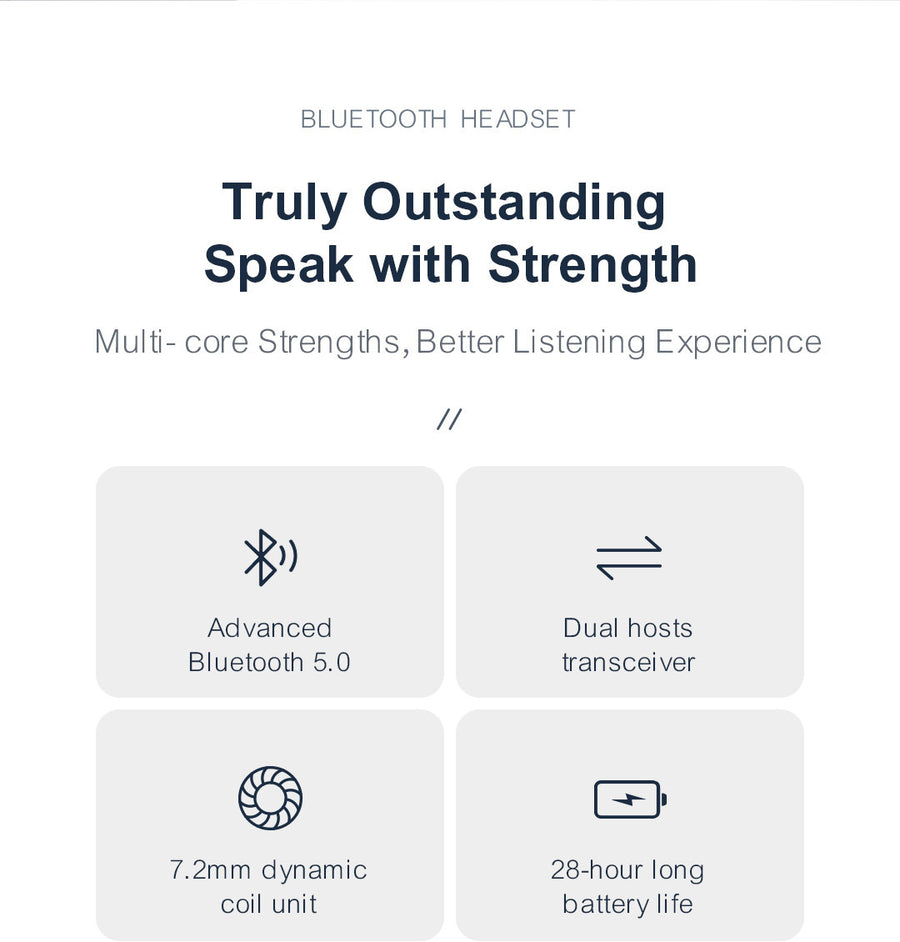Advertisement for a Bluetooth headset with features listed on a white background