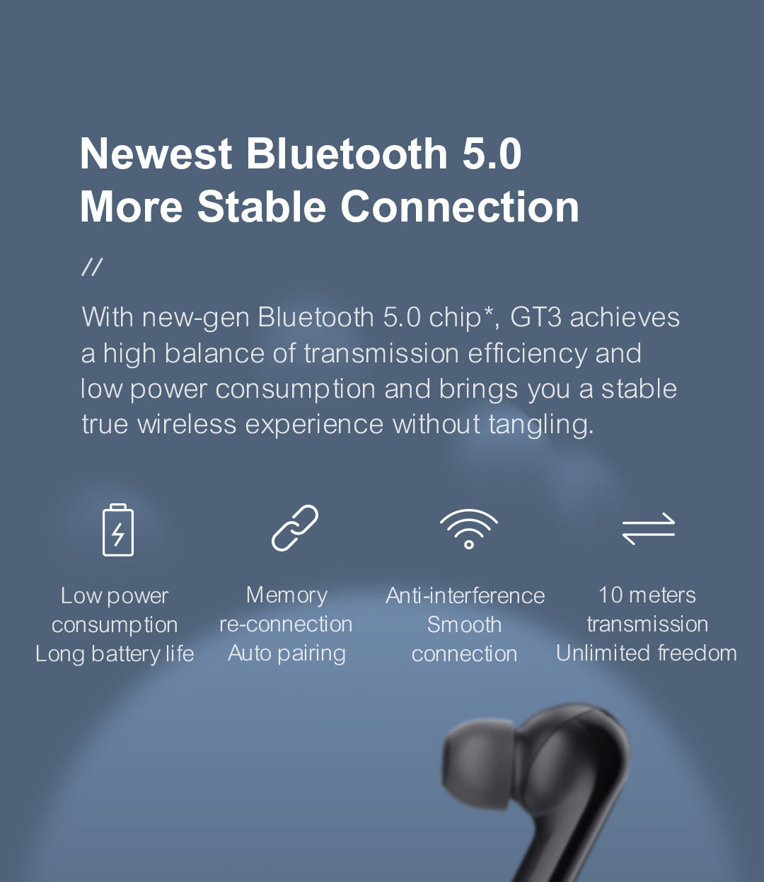 Advertisement for Bluetooth 5.0 technology with text and earbuds on a blue background
