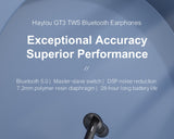 Haylou GT3 TWS Bluetooth Earphones with feature text on a blue background
