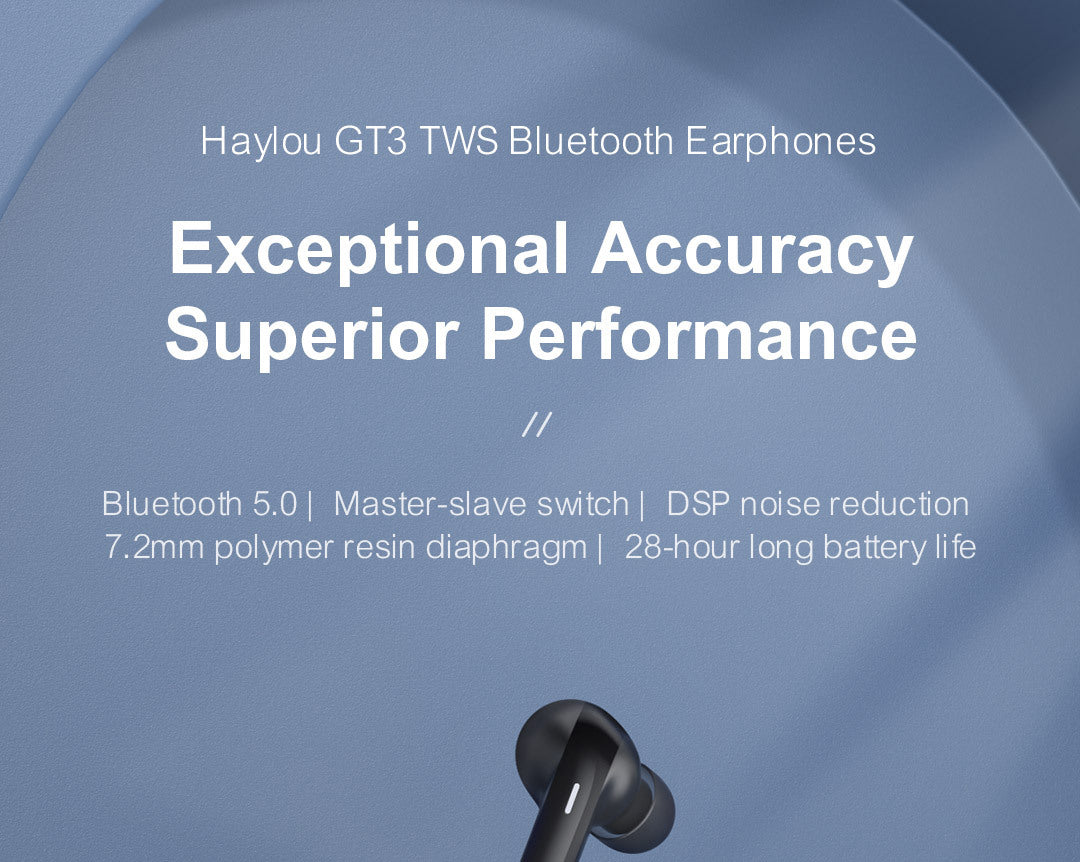 Haylou GT3 TWS Bluetooth Earphones with feature text on a blue background
