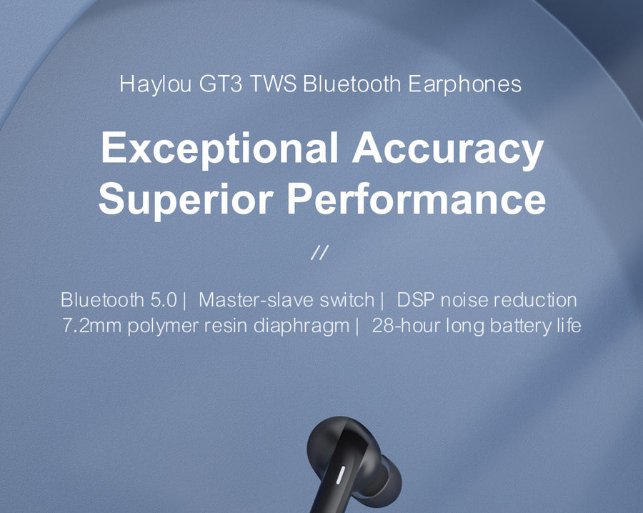 Haylou GT3 TWS Bluetooth Earphones with feature text on a blue background