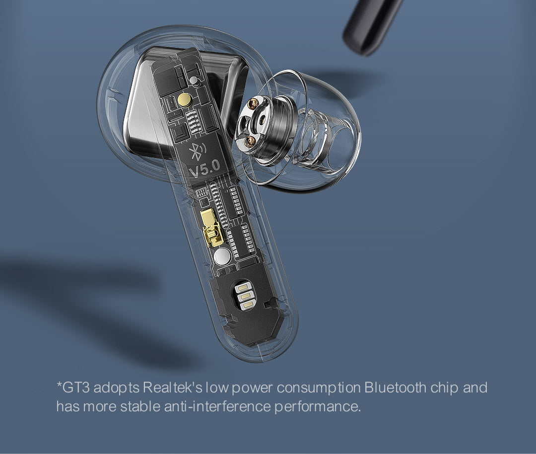 Close-up of wireless earbuds with electronic components on a blue background