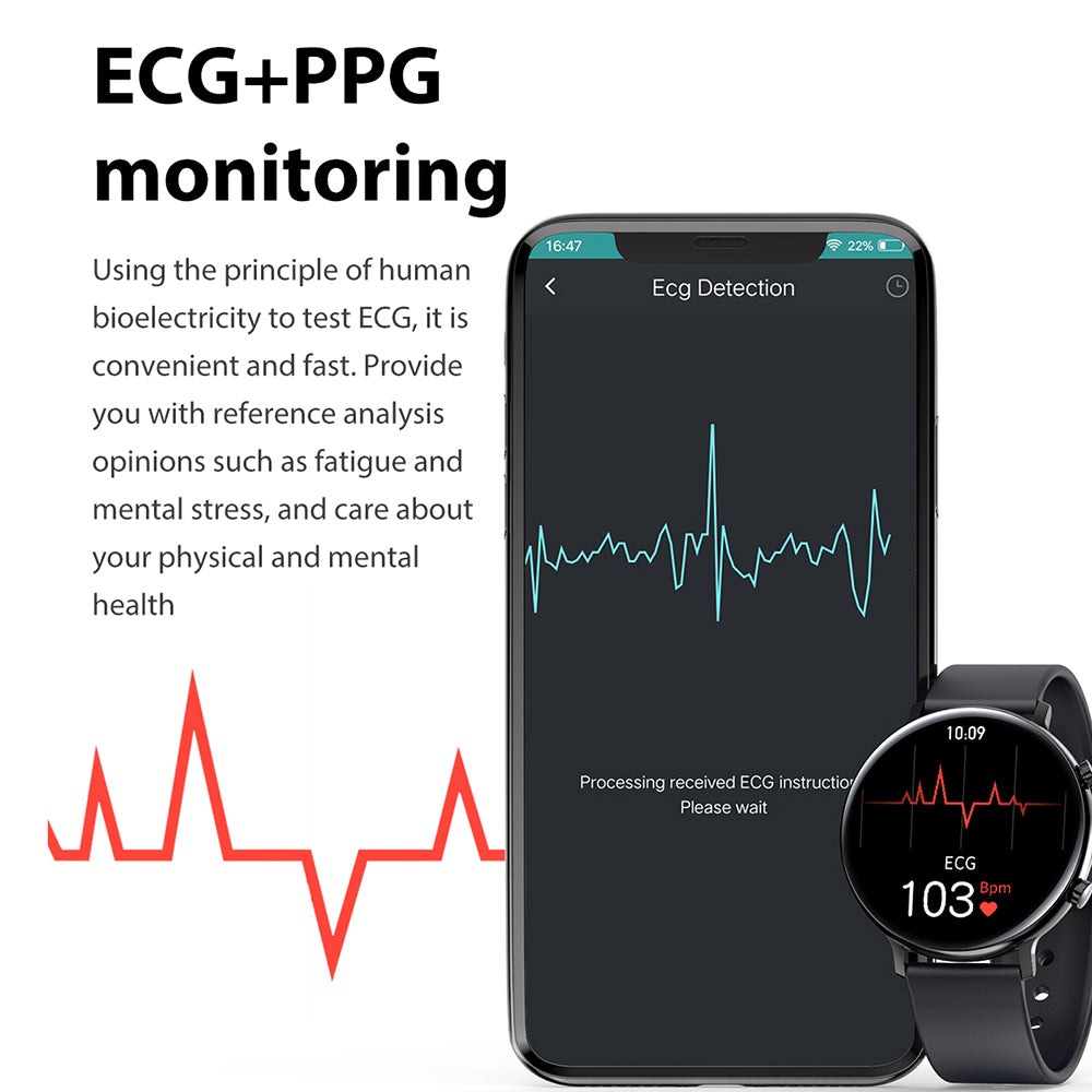 Smartphone and smartwatch displaying ECG and PPG monitoring on a white background