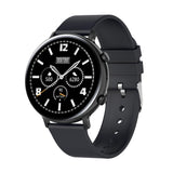 Black smartwatch with a black strap on a white background