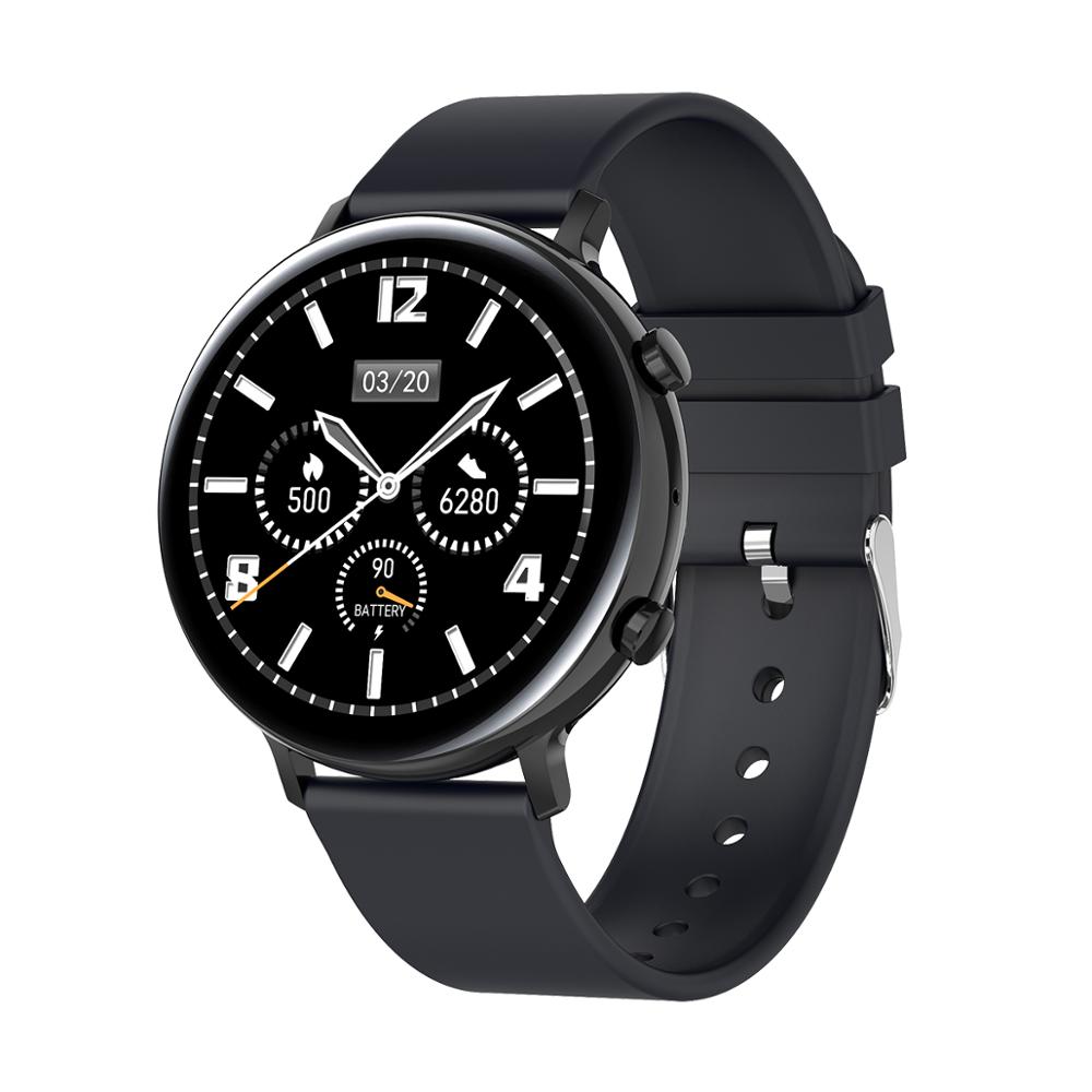 Black smartwatch with a black strap on a white background