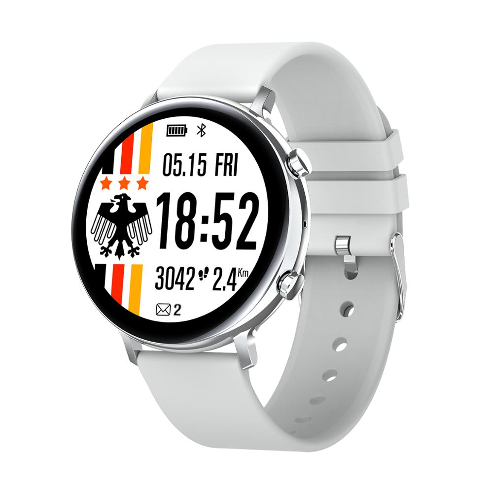 White smartwatch with digital display on a white background