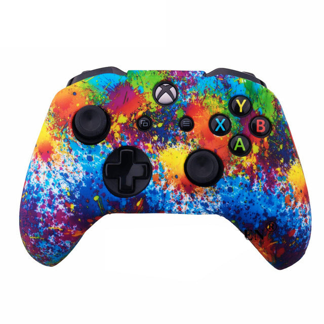 Colorful splatter-patterned gaming controller on a white background