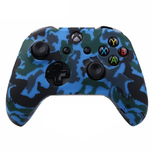 Blue and black camouflage gaming controller on a white background