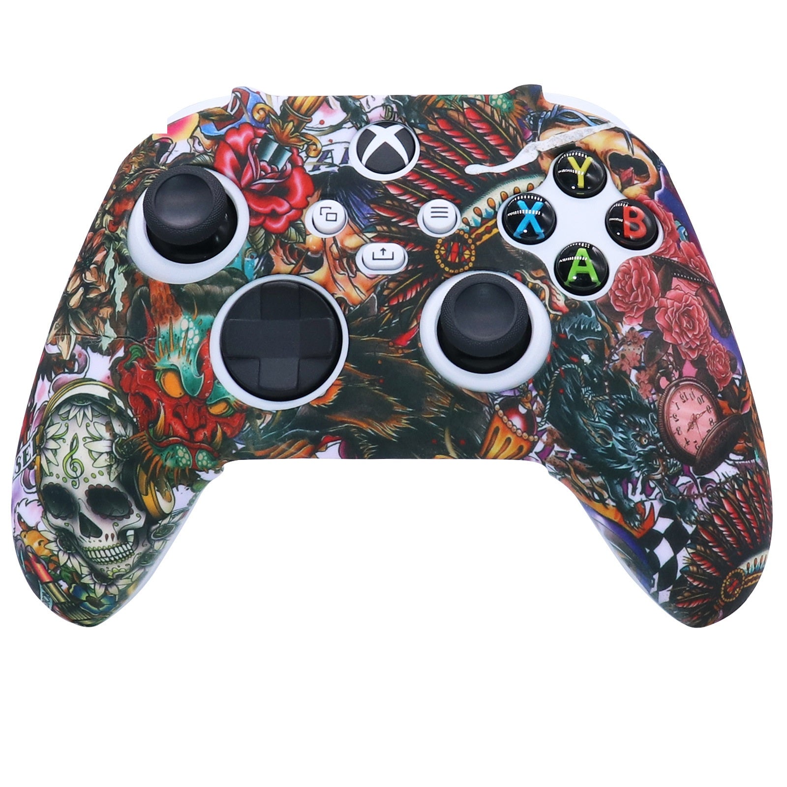 Colorful gaming controller with tattoo-style design on a white background