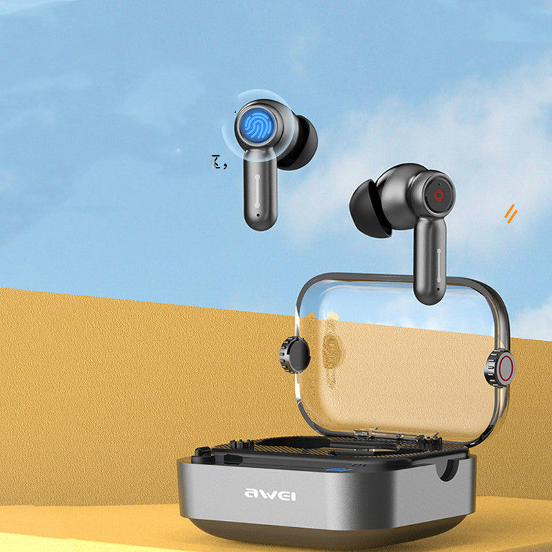 Wireless earbuds with charging case on a colorful background