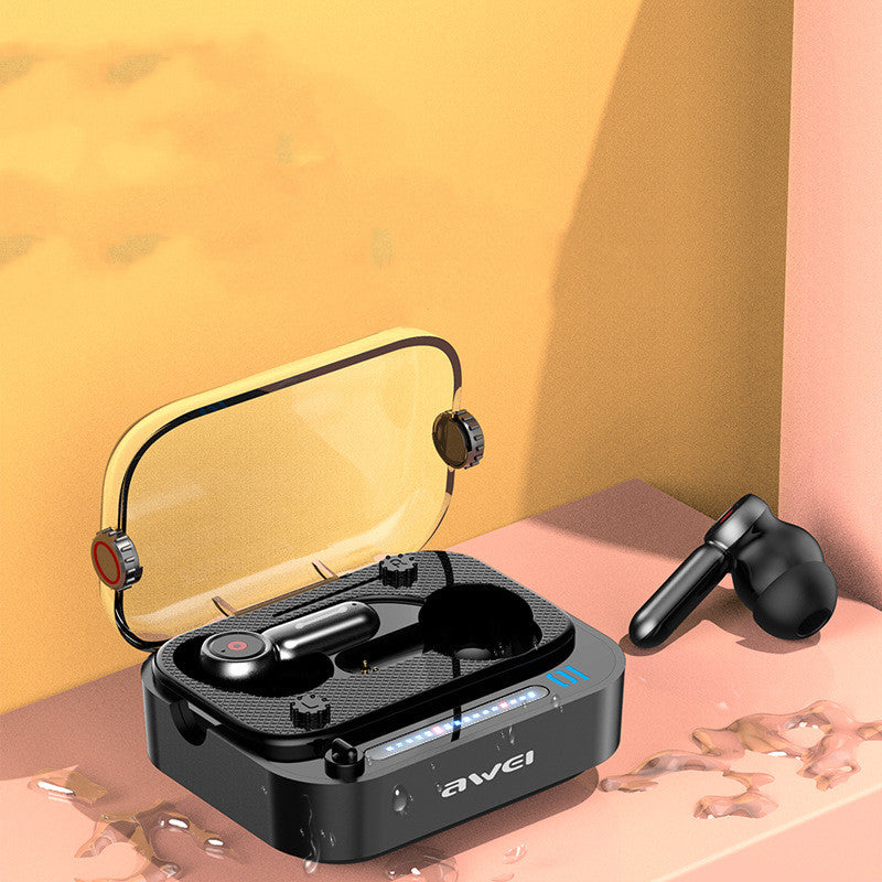 Wireless earbuds with charging case on a colorful background