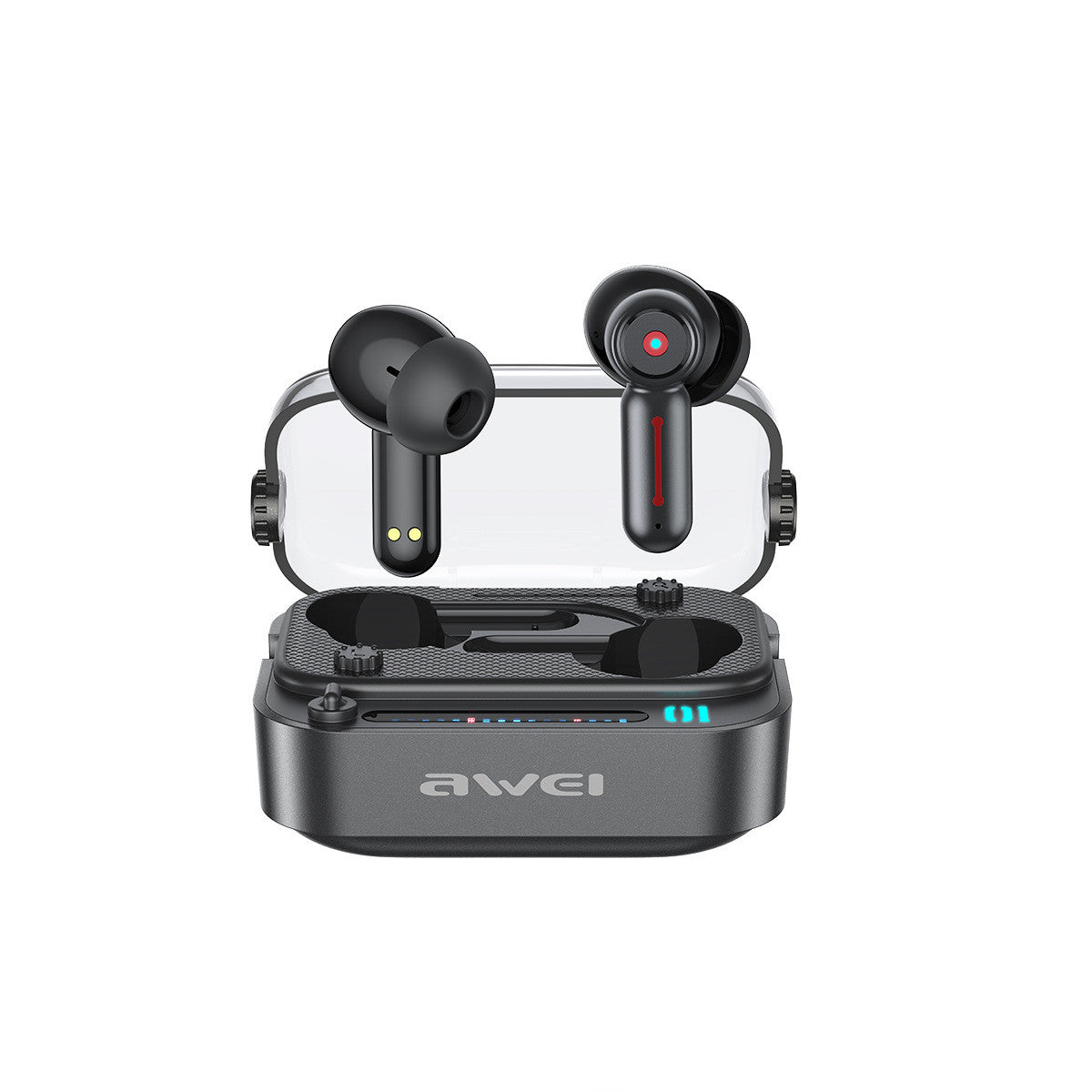 Ultra-low latency wireless gaming earbuds with voice wake-up feature and LED accents