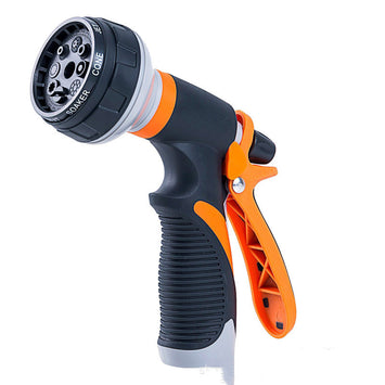 Garden hose nozzle with black and orange design on a white background