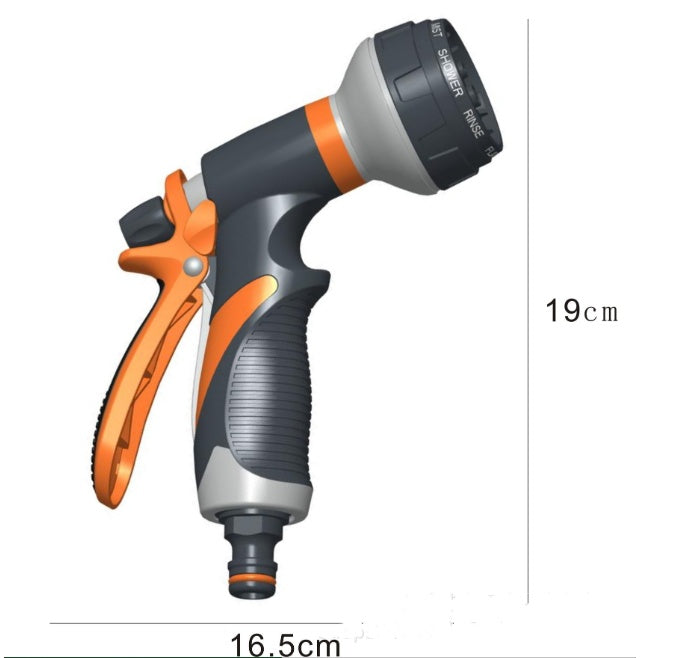 Garden hose nozzle with orange and gray design on a white background