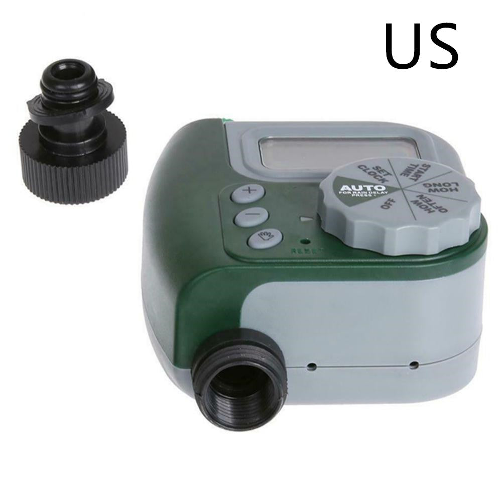 Green and gray irrigation timer with black nozzles on a white background, labeled 'EU'.