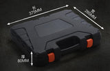 Black toolbox with measurements on a dark background