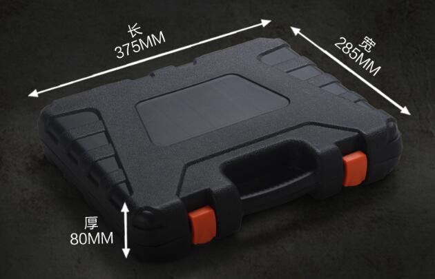 Black toolbox with measurements on a dark background