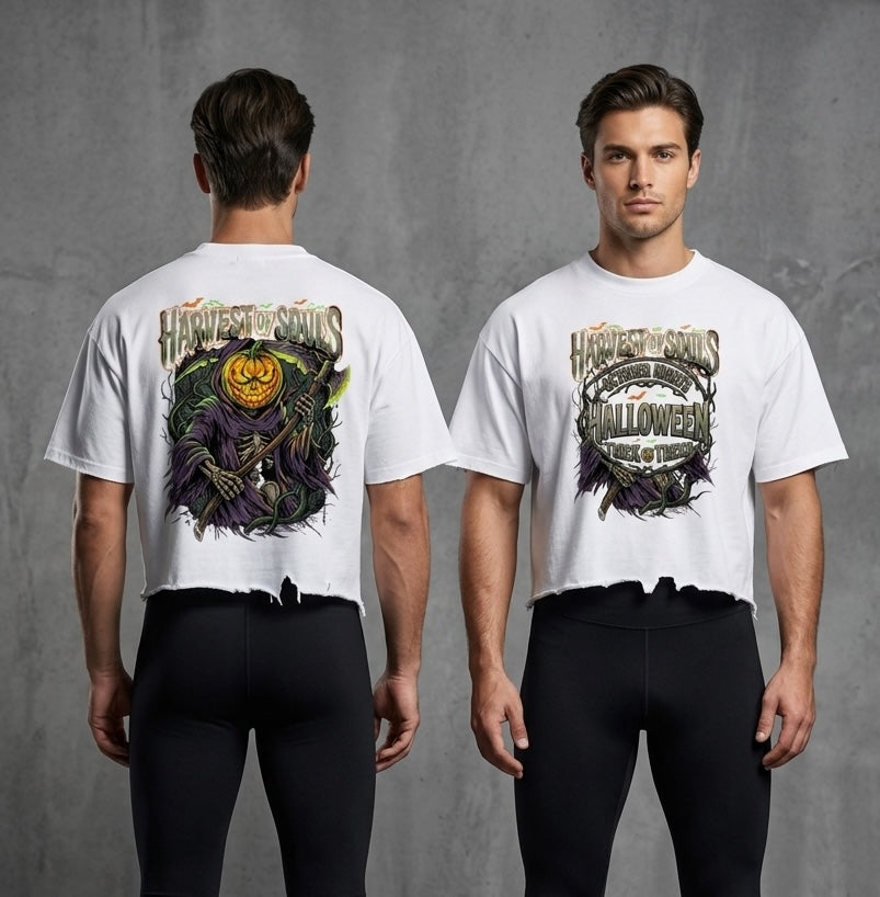 Two male models shown from the back and front wearing a white graphic t-shirt with a distressed, tattered design. The back features a large graphic of a jack-o'-lantern surrounded by a skeleton and the text 'Halloween is Here'.