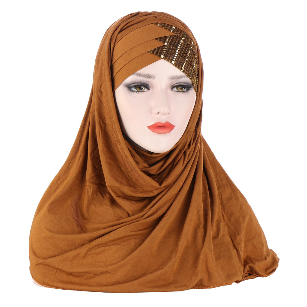 parkling solid color glitter jersey hijab for women, styled as a turban and headband for formal Muslim fashion