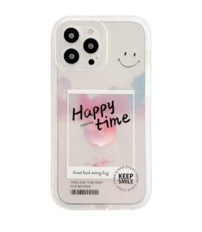 Phone case with 'Happy time' text and smiley face design on a white background