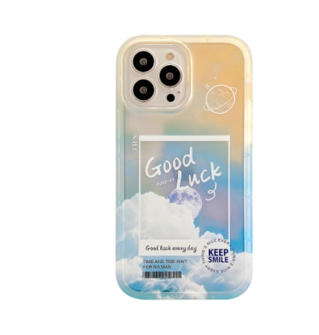 Phone case with cloud design and 'Good Luck' text on a white background