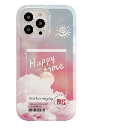 Phone case with 'Happy Time' design and cloud imagery on a white background
