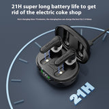 Black wireless earbuds with charging case on a dark blue background, featuring text about battery life.