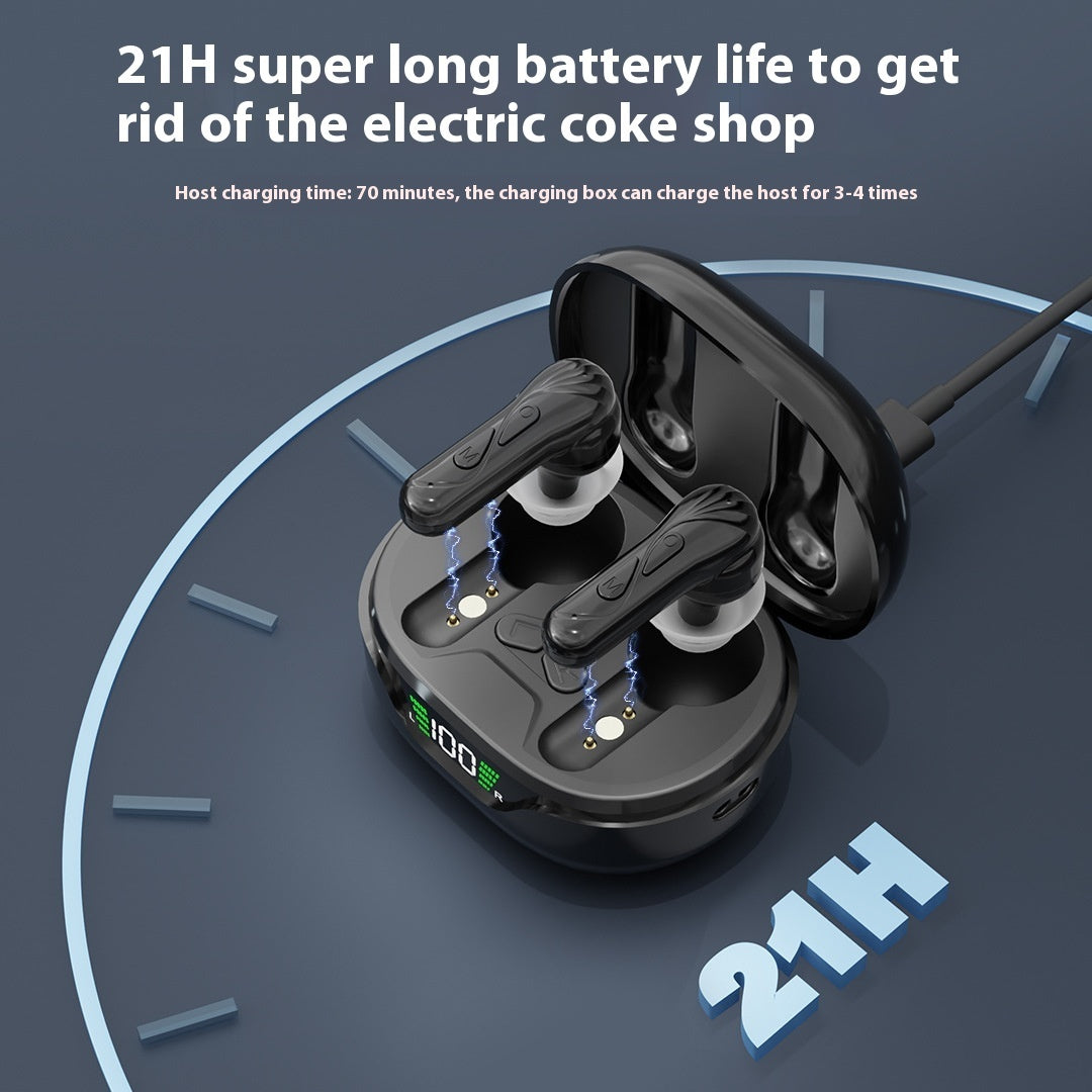 Black wireless earbuds with charging case on a dark blue background, featuring text about battery life.